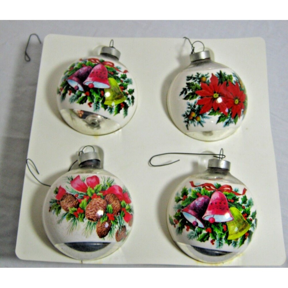 Vintage Lot of 4 1970s Merry Christmas Ornaments MCM Bells Pinecones Poinsettia